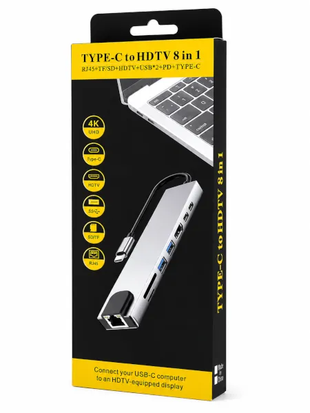 Hub USB-C 8-en-1 avec HDMI 4K, RJ45, USB, SD/TF et PD