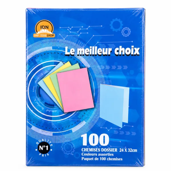 Paquet de 100 chemises dossier 24 × 32 cm en couleurs assorties