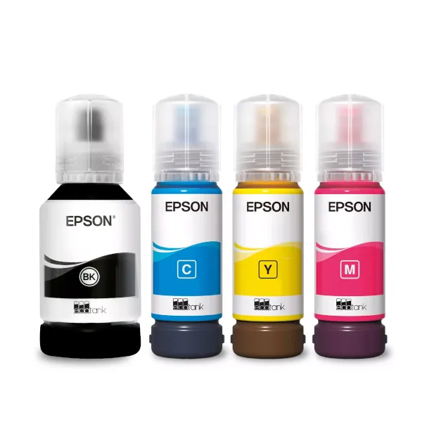 Pack Epson 101 avec quatre bouteilles d’encre noire, cyan, magenta et jaune